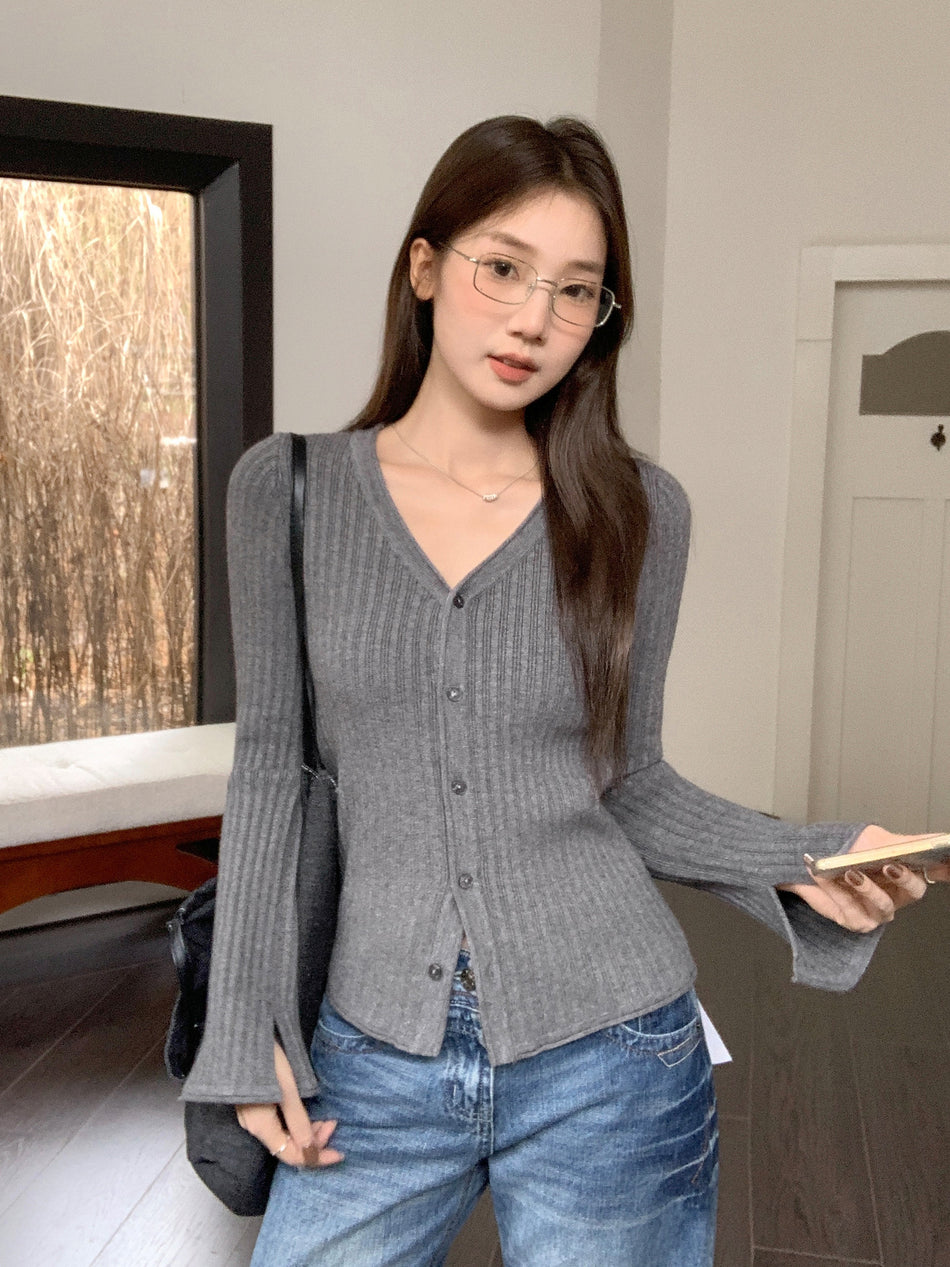 V-Neck Button Knit Cardigan Slim Top Women