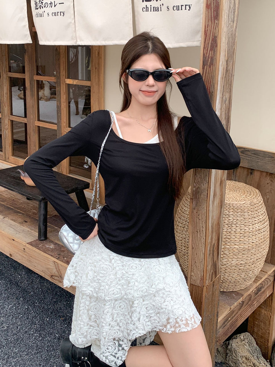 Contrast Off-Shoulder Slim Long Sleeve Top Women