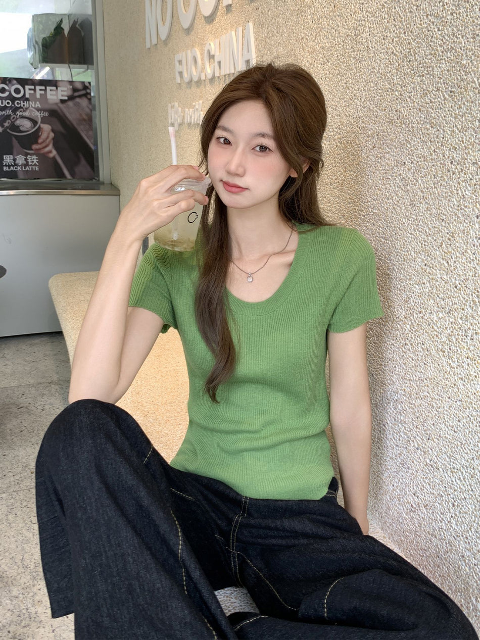 Green Plant Ribbed Slim Knit Top Women Summer