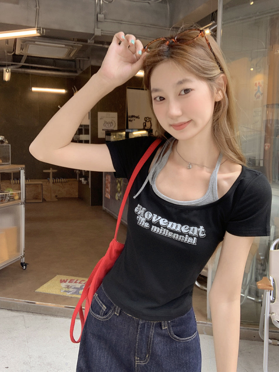 Black Retro Print Fake Two-Piece T-Shirt Women