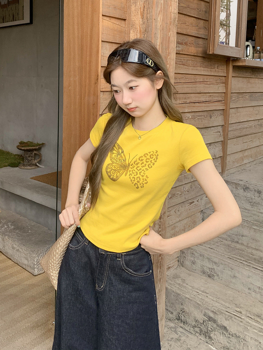 Yellow Rhinestone Round Neck Slim T-Shirt Women