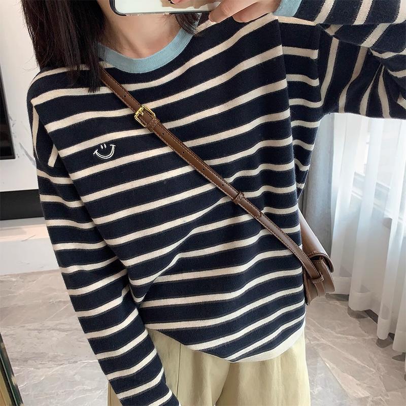 Black Blue Stripe Smiley Sweater for Women Autumn