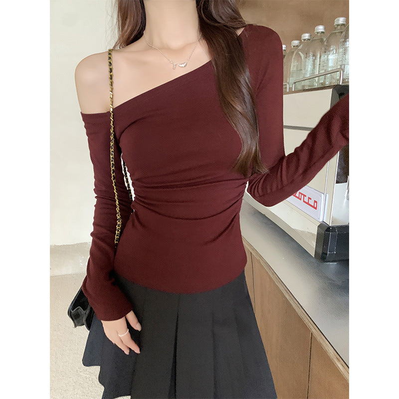 Wine Red Off Shoulder Pleated Slim Top for Women