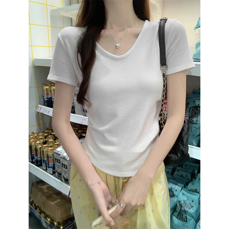 White V-Neck Slim Fit Basic T-Shirt for Women