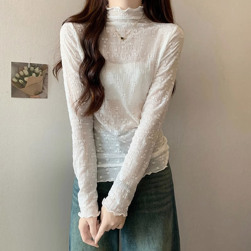 Fleece Lace Half Turtleneck Slim Top for Women Winter