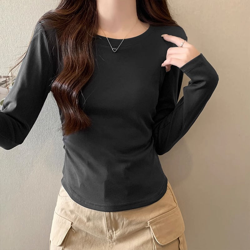 Dark Grey Pleated Slim Fit Long Sleeve Top for Women