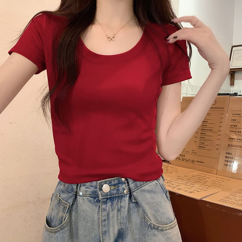 Burgundy Slim Fit Cotton Short Sleeve Top for Women