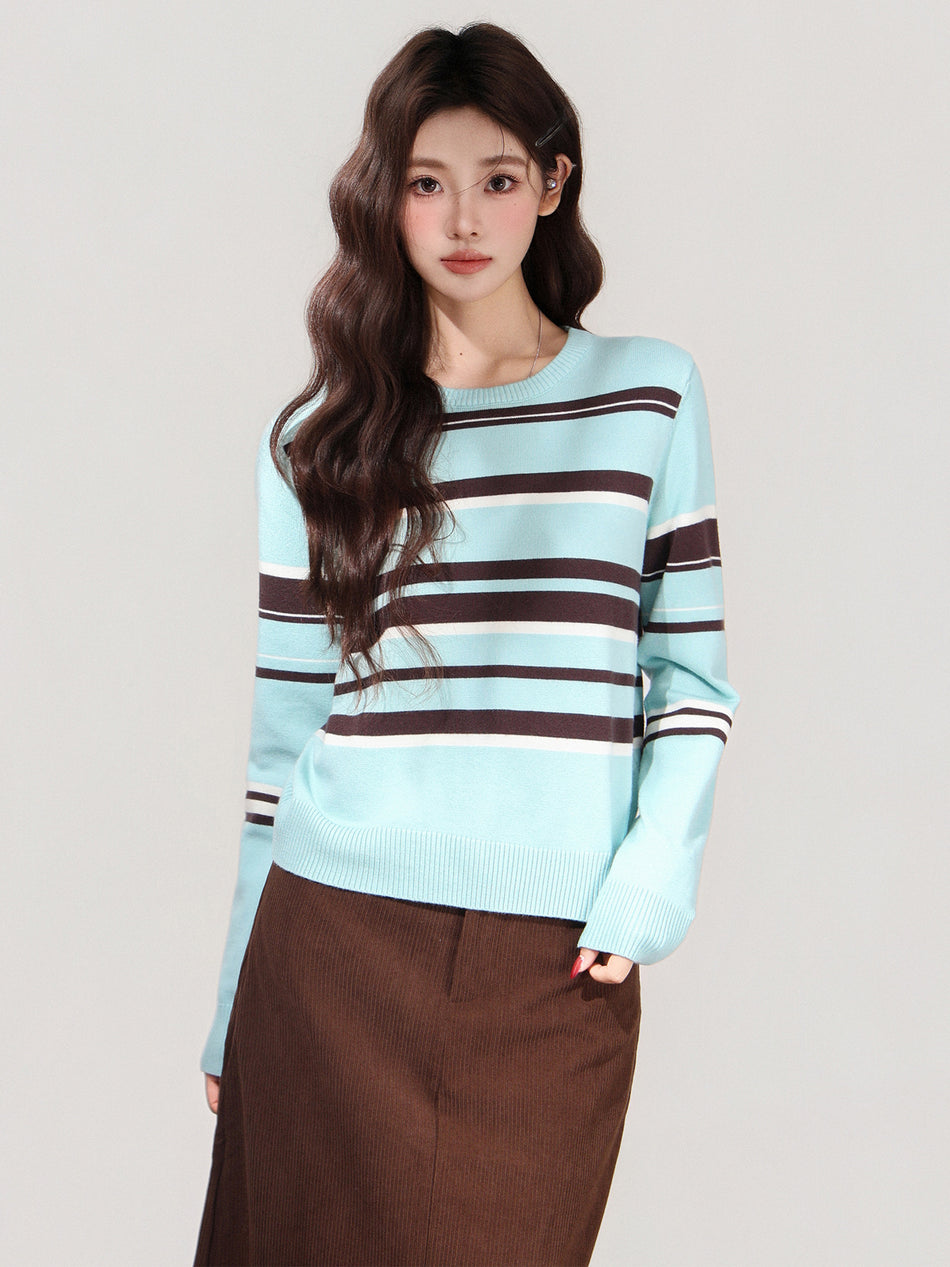 Blue Striped Color-Block Knit Sweater Women Winter