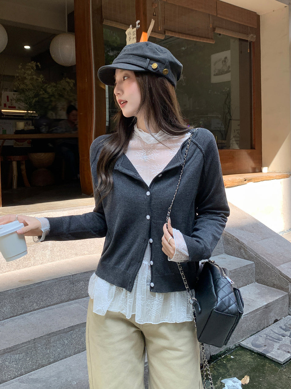 Gray Wool Knit Cardigan Women Autumn Winter Outerwear