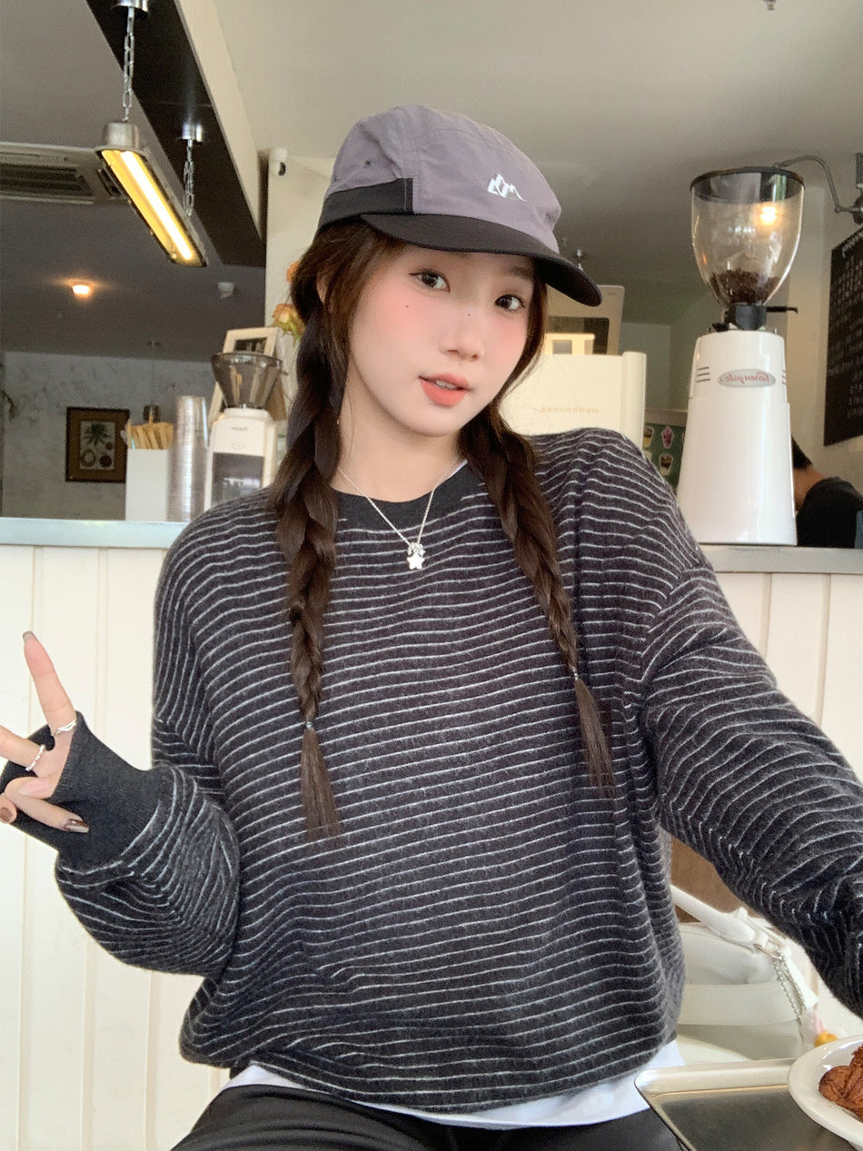 Women Gray Striped Sweatshirt 2026 Loose Fit Top