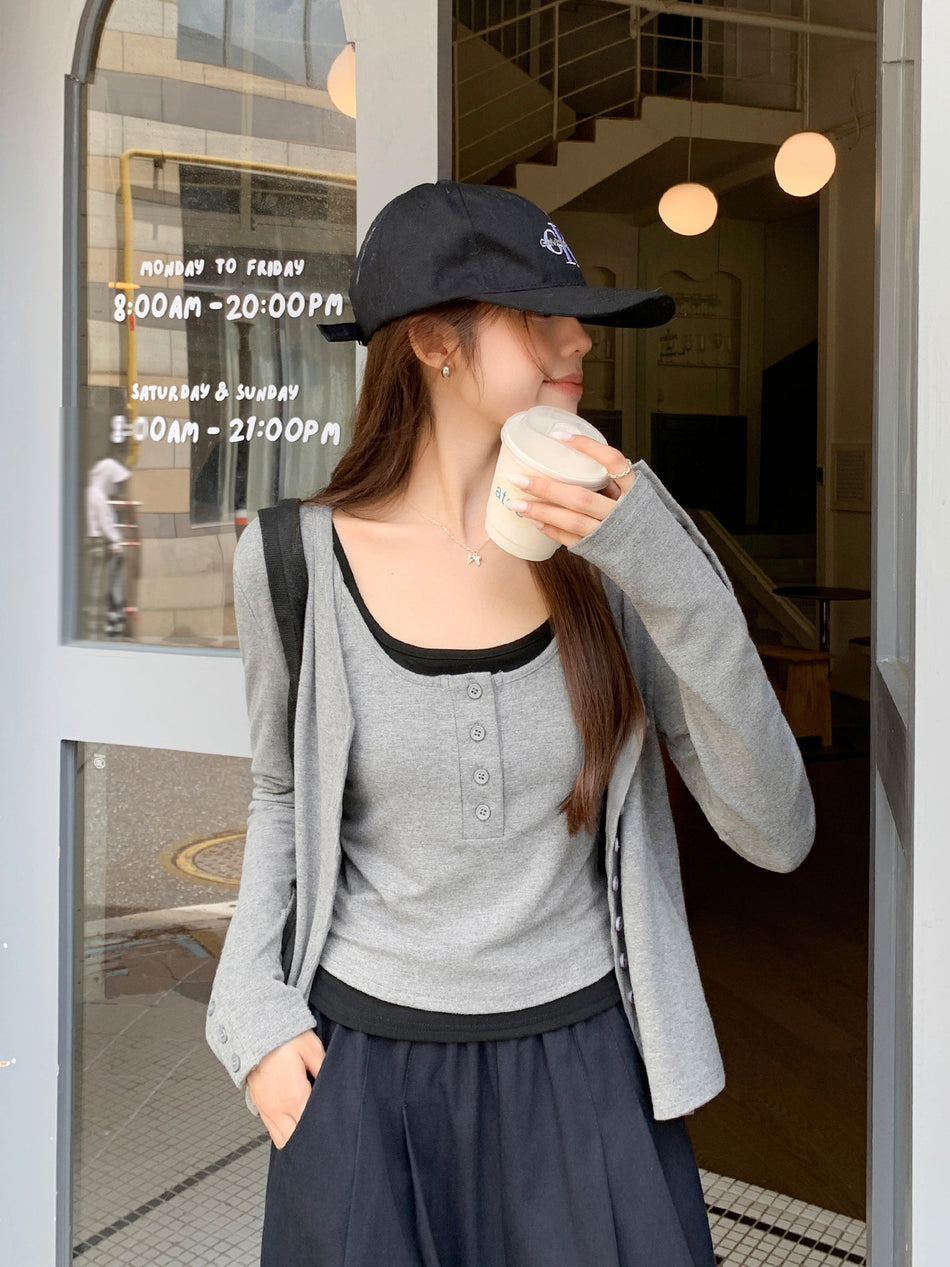 Women Gray V-Neck Cardigan 2026 Slim Fit Autumn Top
