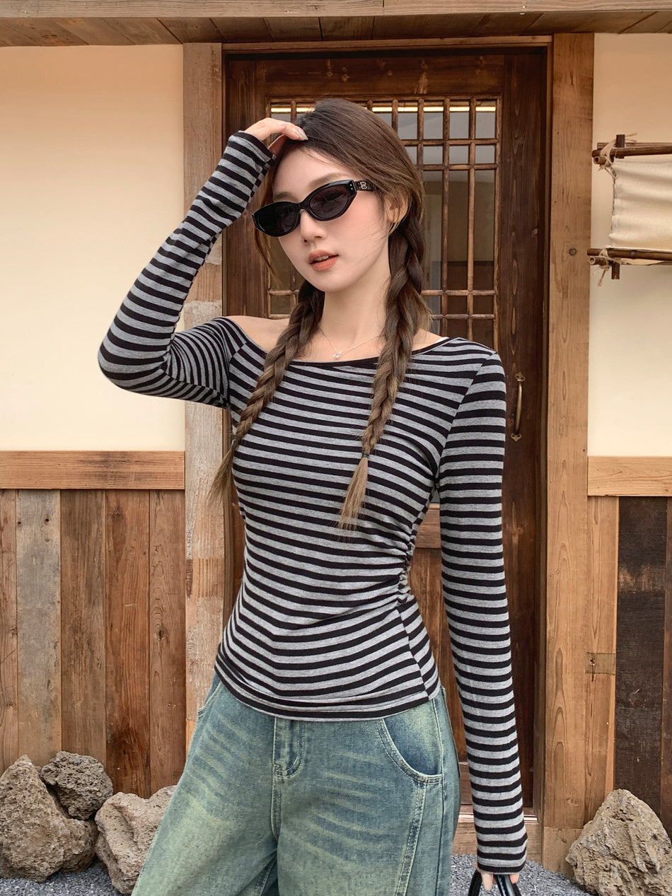 Women Black Gray Off Shoulder Striped Top 2026 Slim Fit