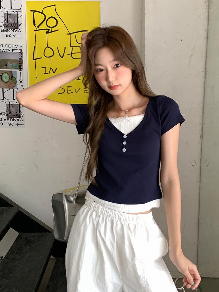 Women Lace Patchwork T-Shirt 2026 Faux Two Piece Top
