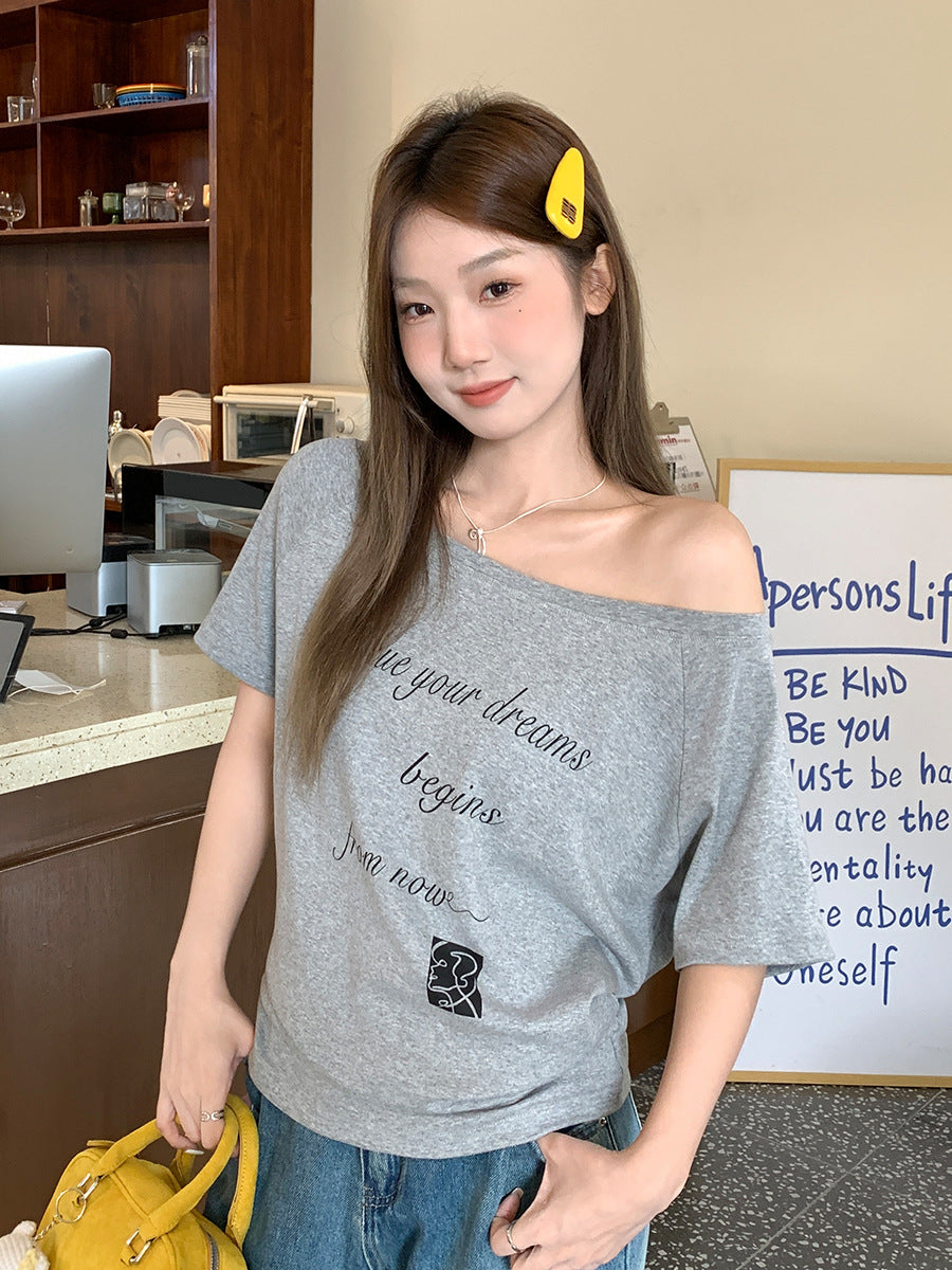 Women One Shoulder Letter Print T-Shirt 2026 Summer Top