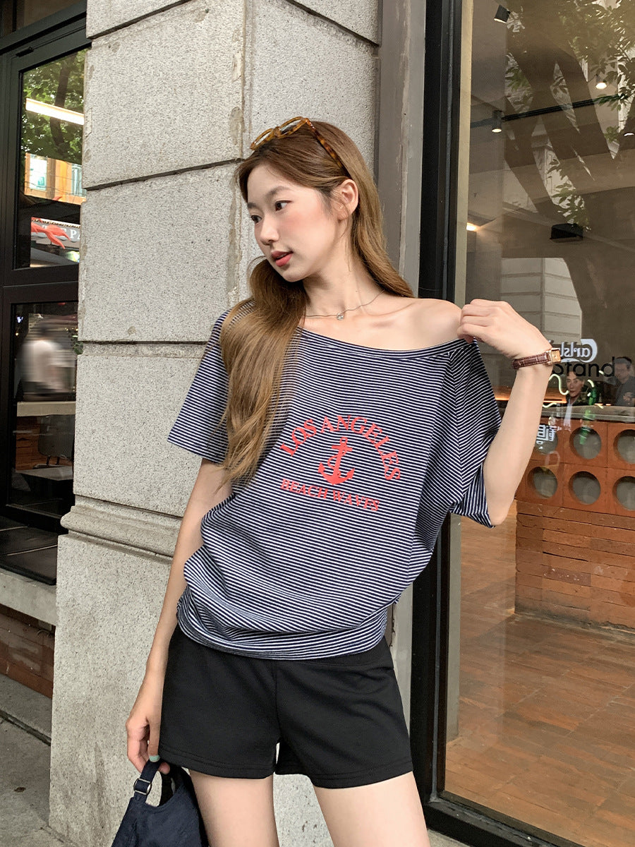 Women Striped One Shoulder T-Shirt 2026 Summer Top