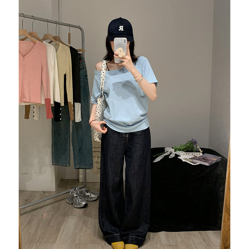 Blue Off Shoulder Women Summer Loose Sexy T-Shirt