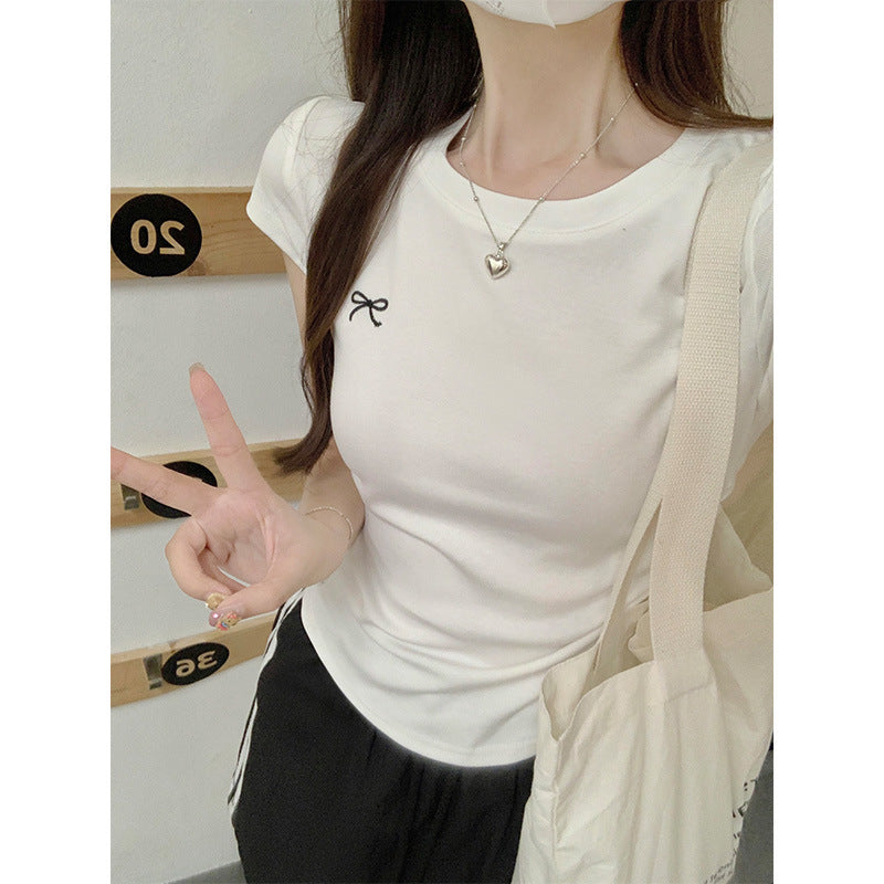 White Bow Embroidered Women Slim Fit Summer T-Shirt