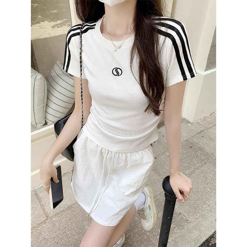 White Embroidered Raglan Women Slim Fit Summer T-Shirt