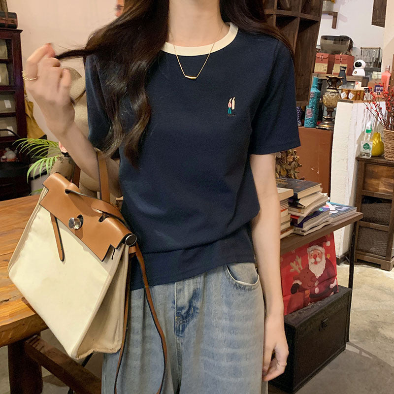 Color Block Waffle Knit Women Embroidered Summer Top