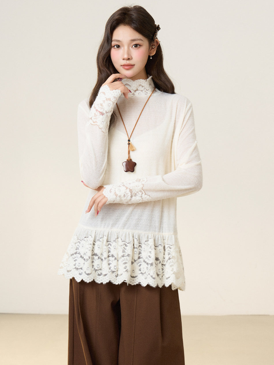 White Lace Turtleneck Fleece Lined Women’s T-Shirt