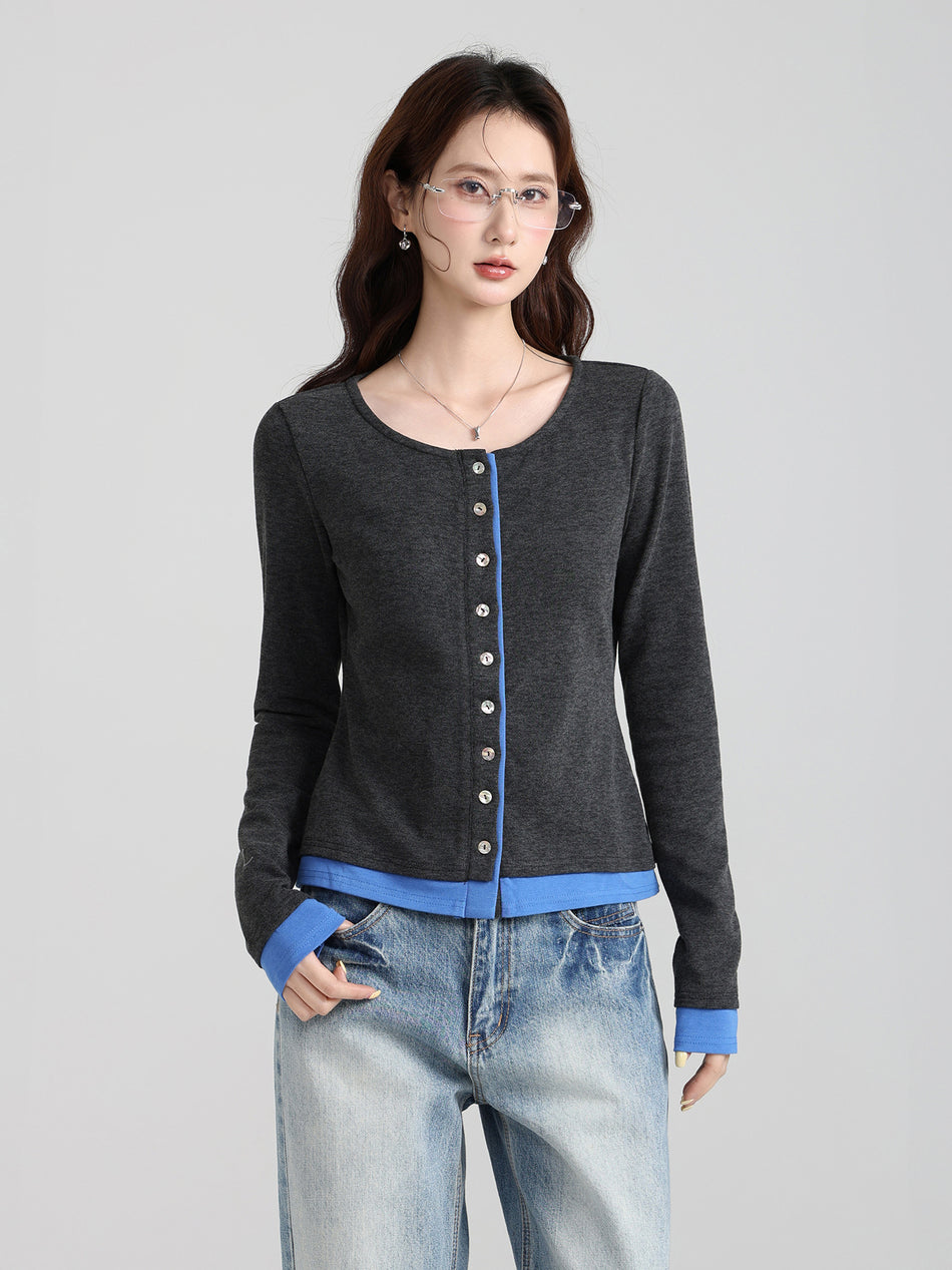 Retro Gray Fake Two Women Slim Winter Top