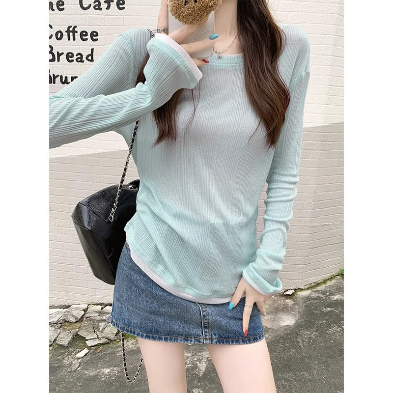 Blue Sunscreen Loose Women Fake Two Summer Top