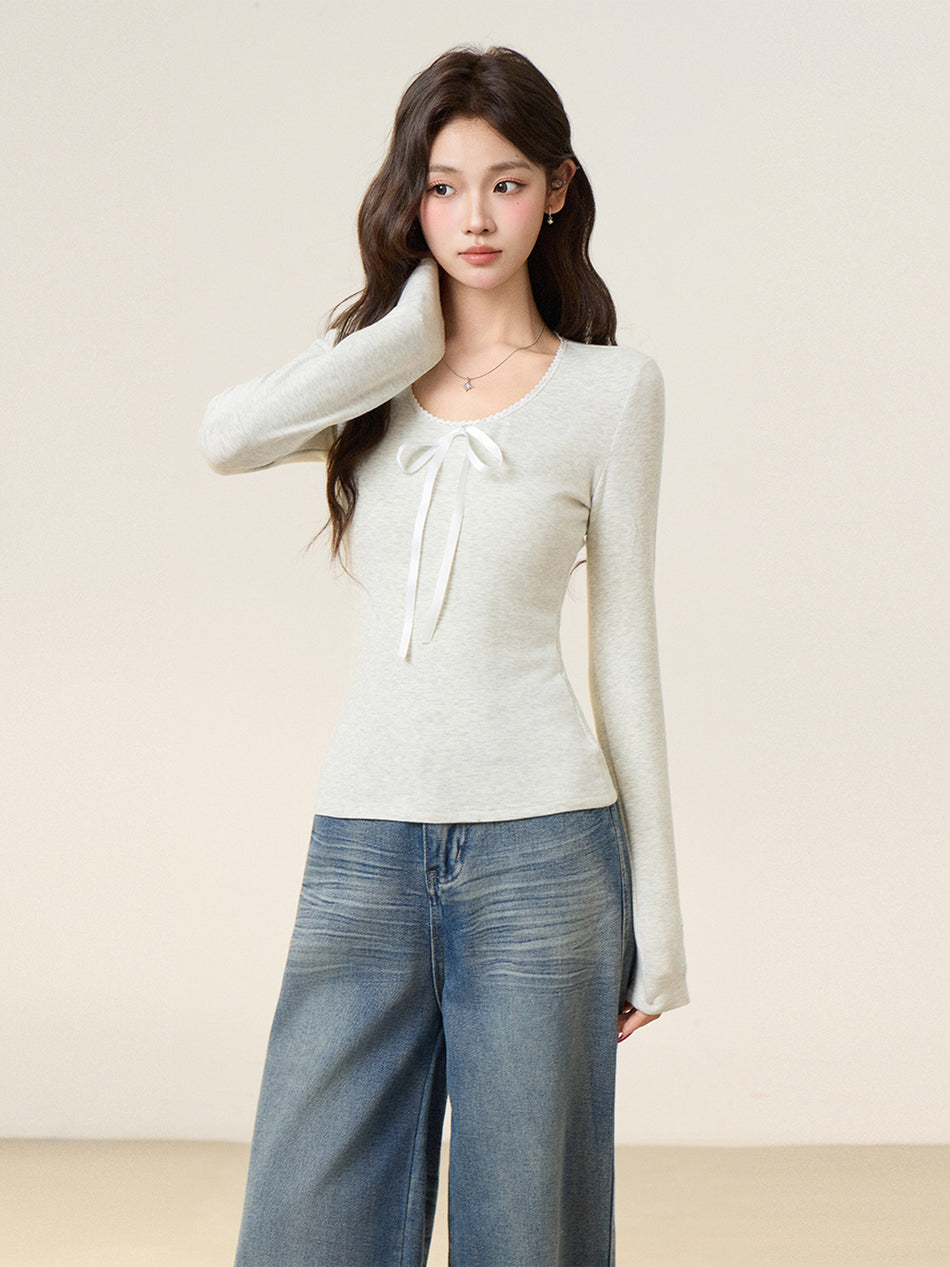 Korean U-Neck Bow Slim Fit Women’s T-Shirt
