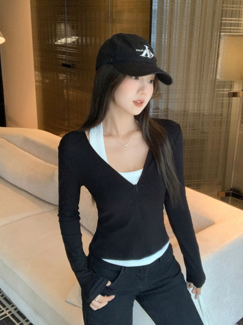 Black V-Neck Zipper Slim Fit Women’s T-Shirt