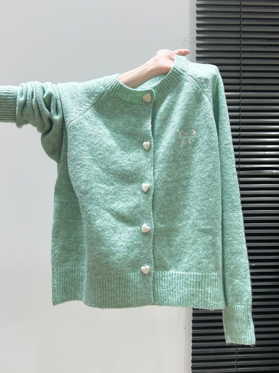 Korean Bow Embroidered Gray Knit Cardigan Women