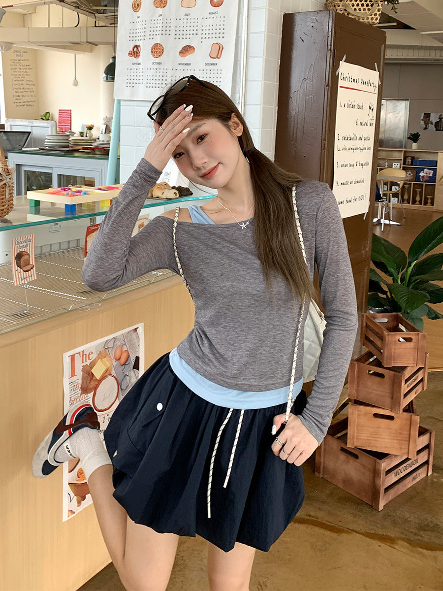 Korean Two-Piece Slanted Shoulder Women’s T-Shirt