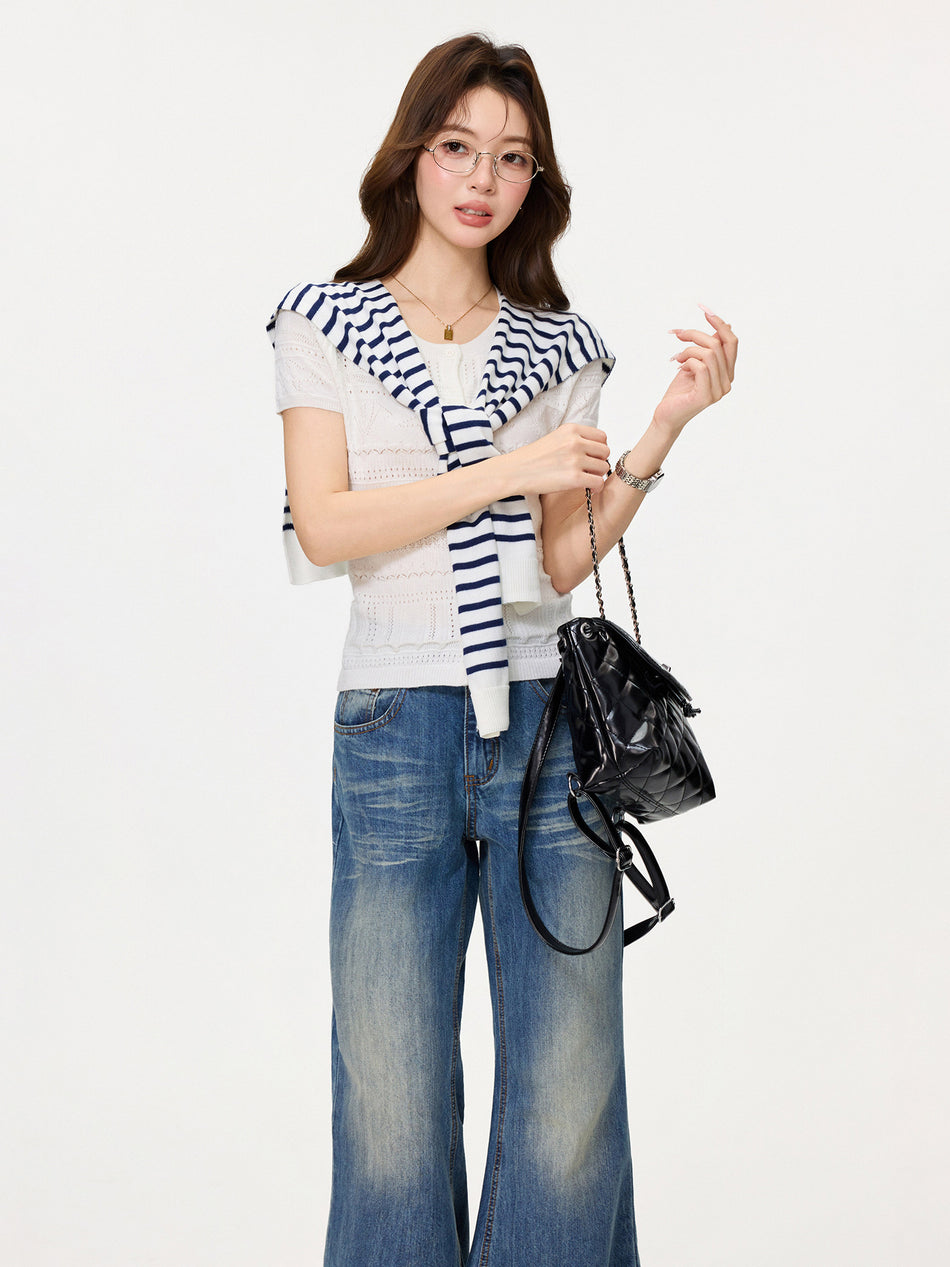 White Hollow Out Knit Cardigan Slim Fit Women Top