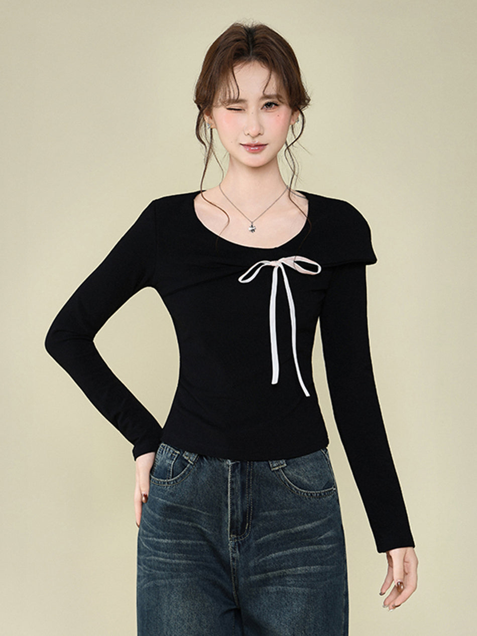 Bow Round Neck Velvet Women’s Winter T-Shirt Top