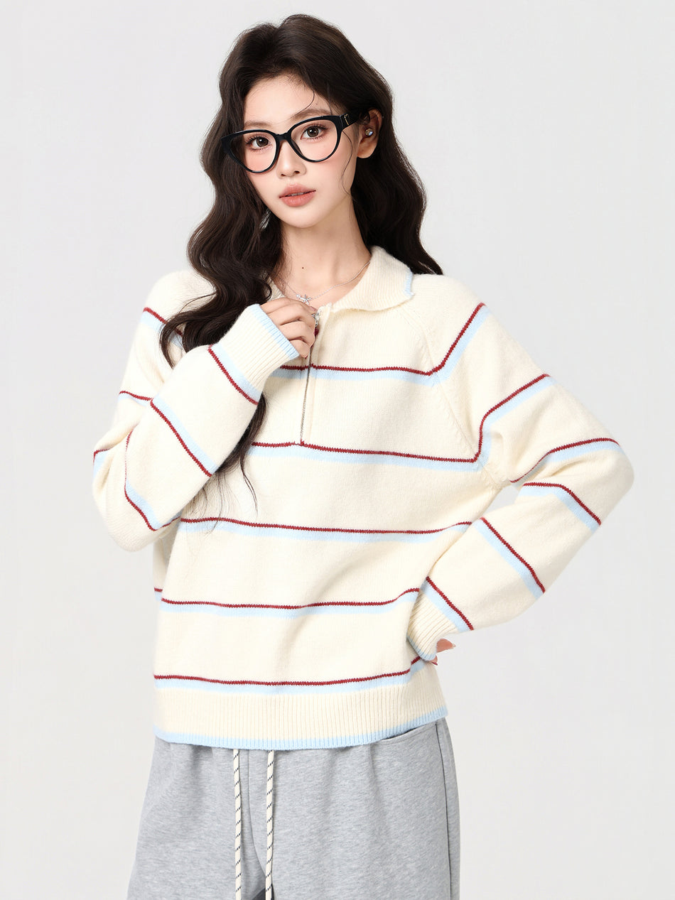 Apricot Polo Stripe Knit Women Sweater Winter Top