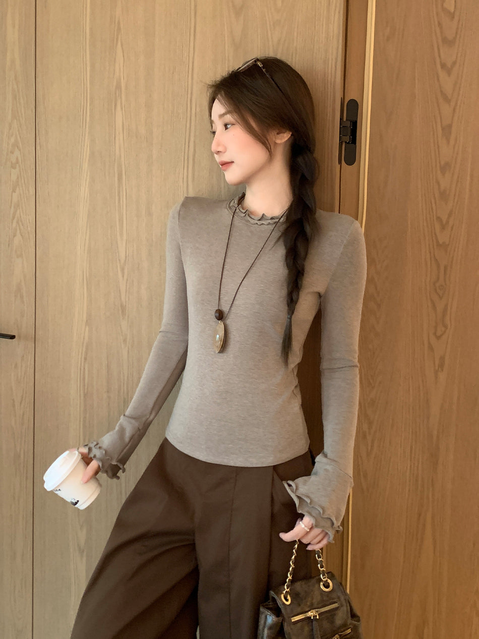 Korean Half Collar Ruffle Slim Women Winter T-Shirt