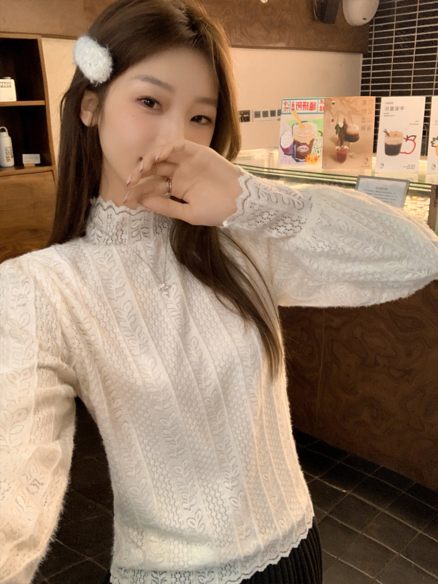 Apricot Lace Mesh Half Collar Women Winter Top