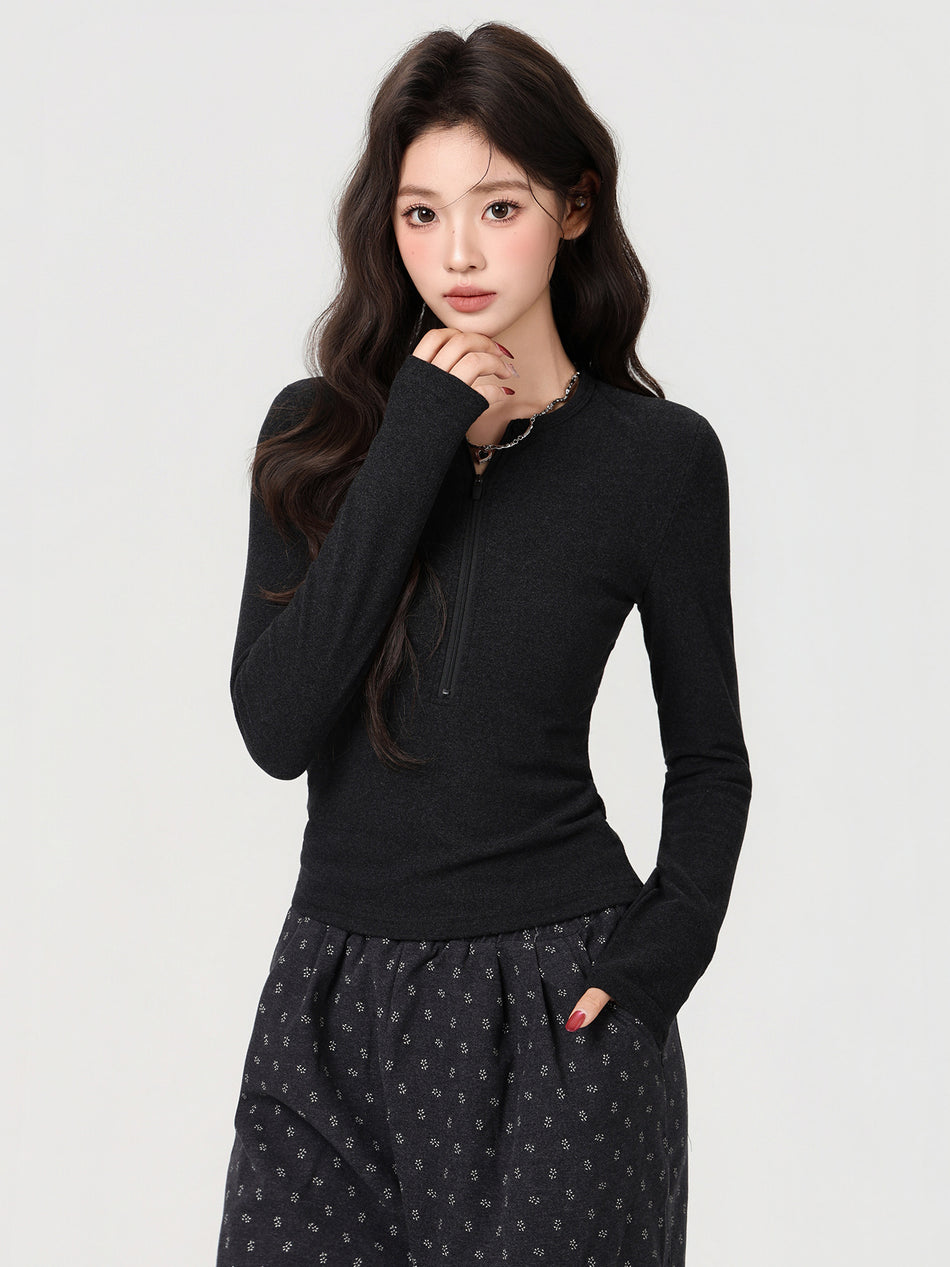 Zipper Collar Wool Slim Fit Women Winter T-Shirt