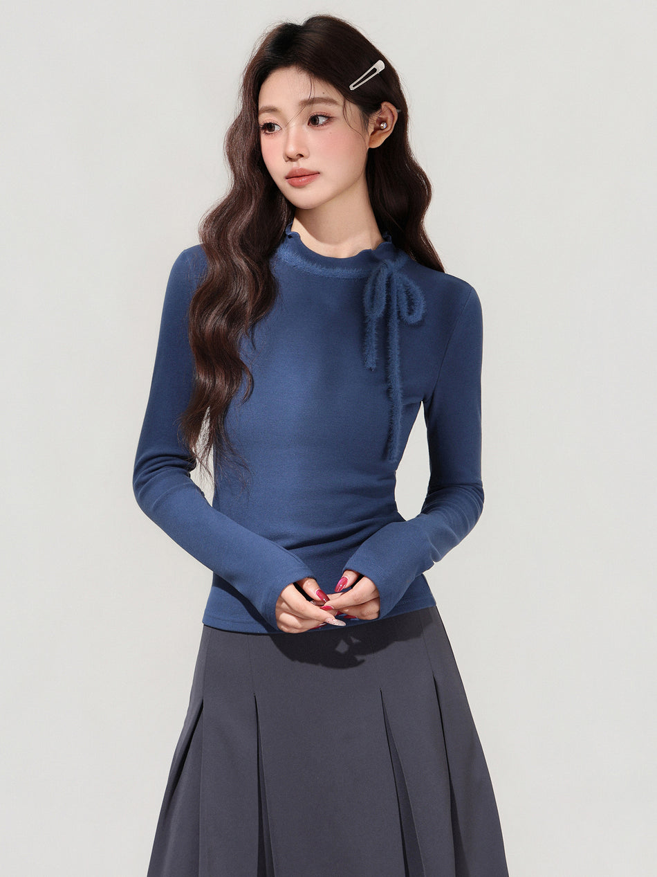 Bow Half Collar Wool Women Winter Slim Fit Top