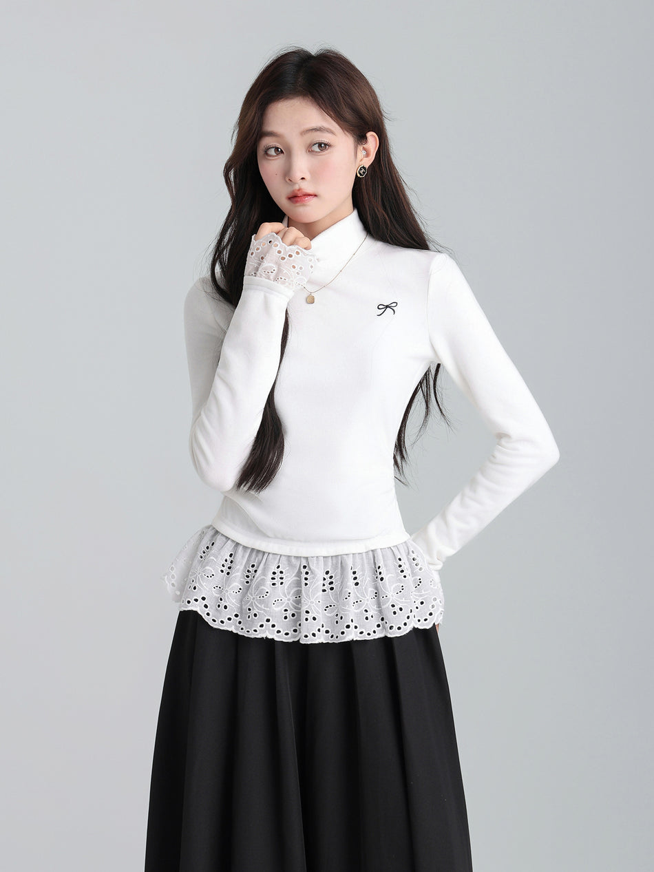 White Bow Lace Hem Fleece Women Winter Top