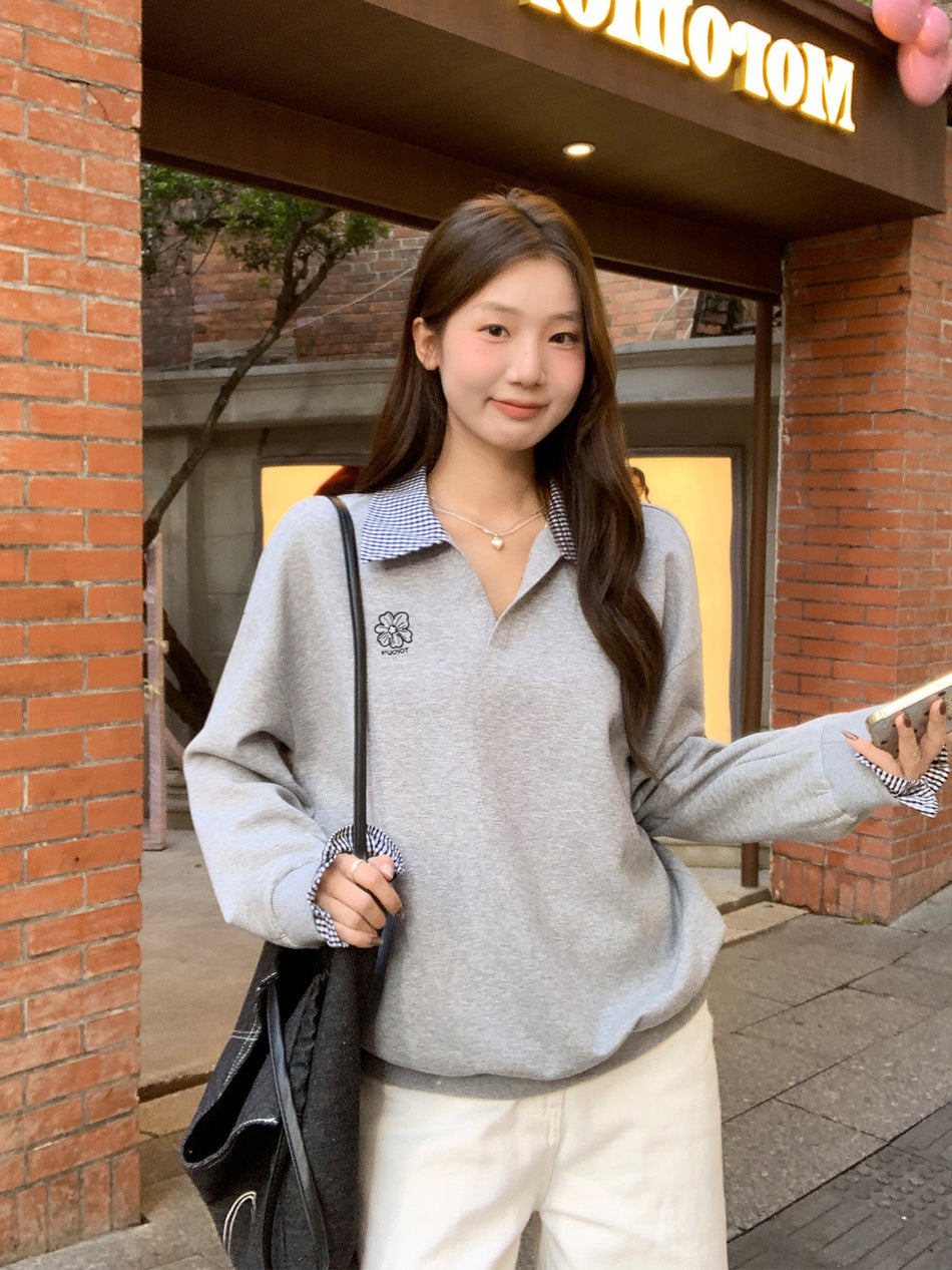 Gray Plaid Lapel Two Piece Women Winter Sweatshirt