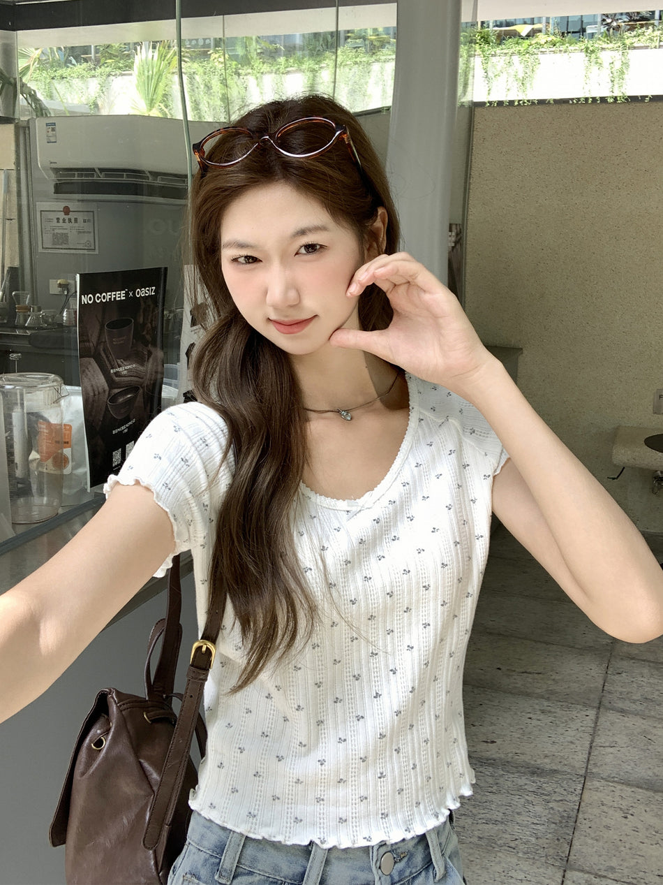 Floral Wooden Ear Women Summer Short Sleeve T-Shirt