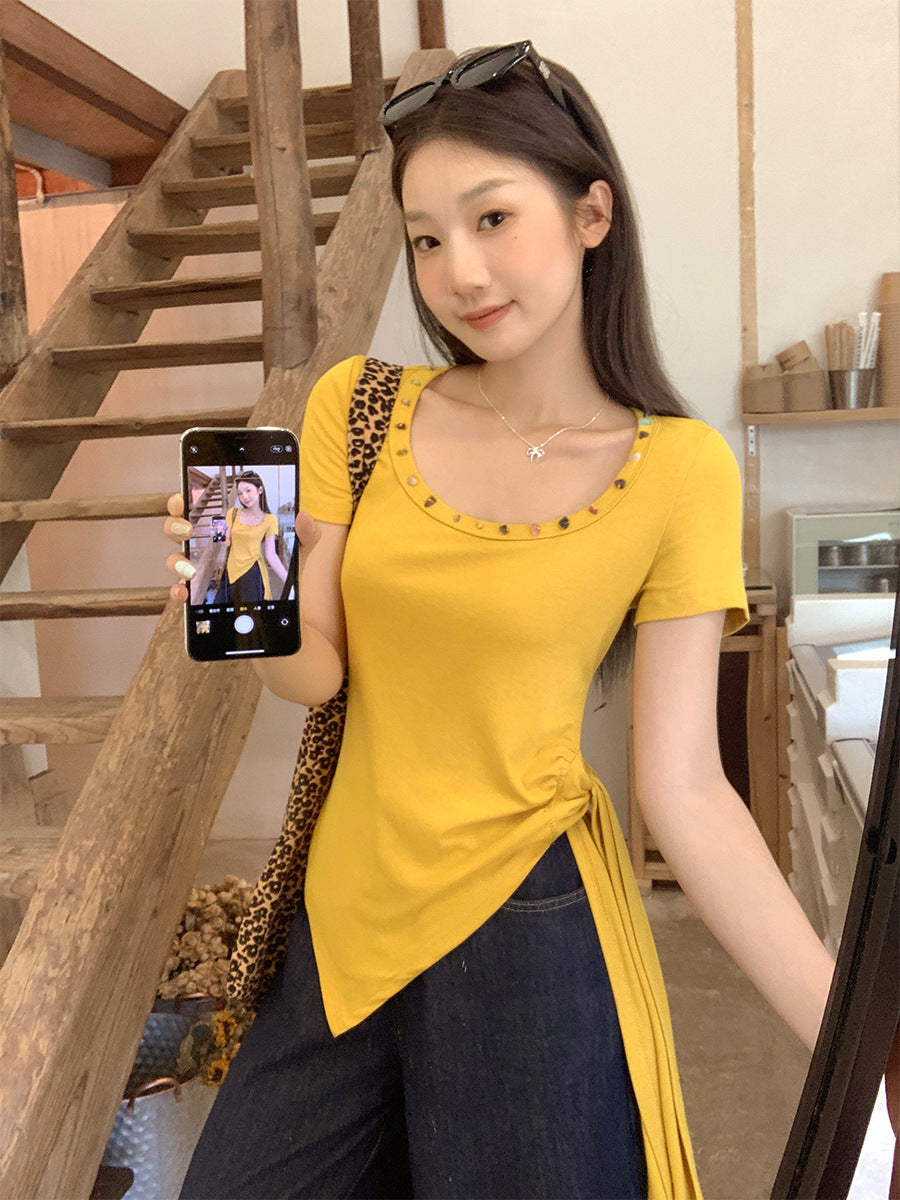 Yellow Irregular Hem Tie Waist Women Summer Top