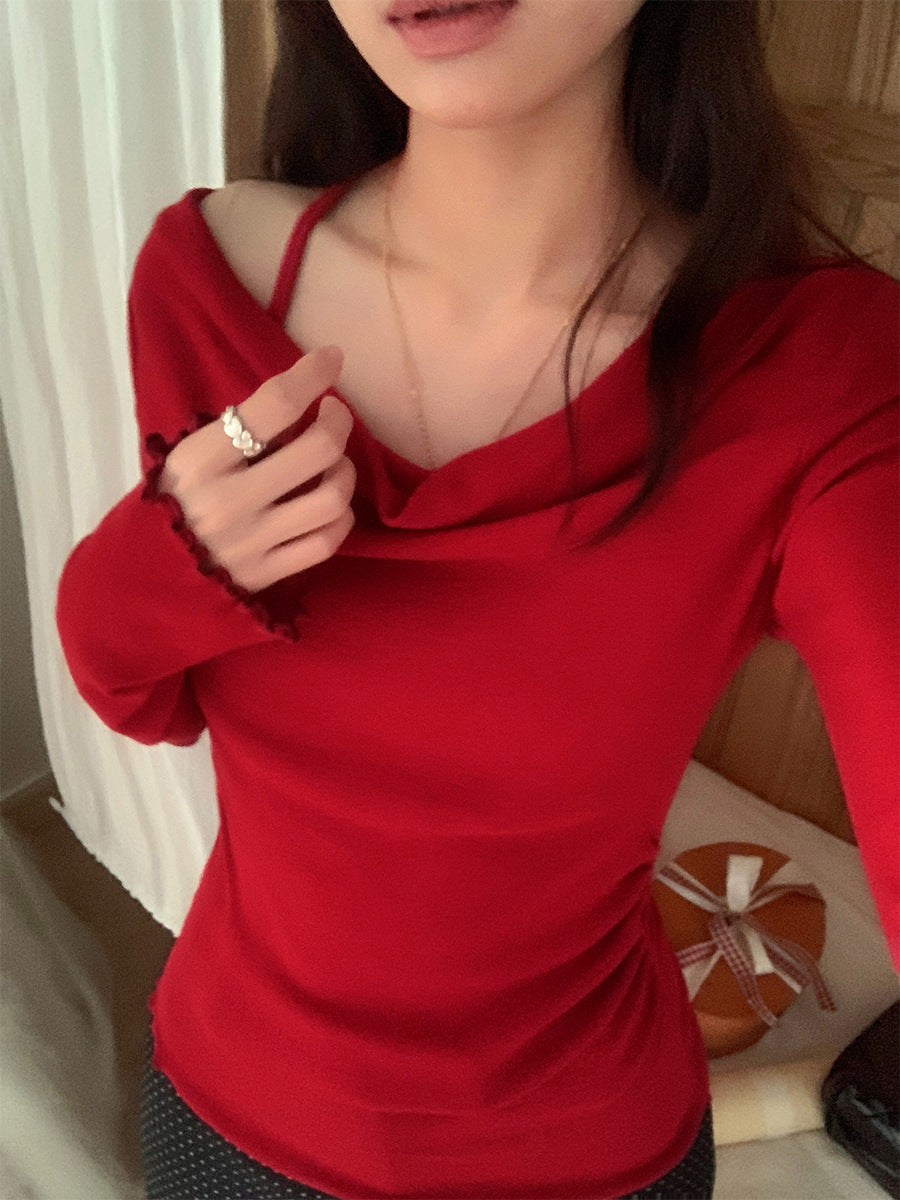 Red Off Shoulder Women Festive Winter Base Top