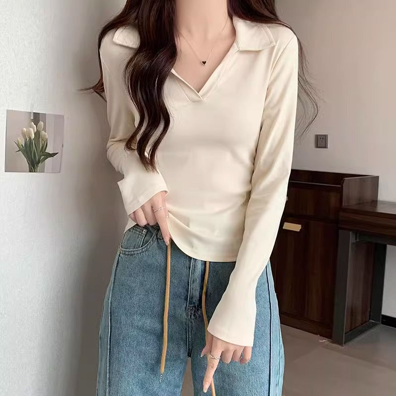 Retro Polo V-Neck Women Slim Autumn Top