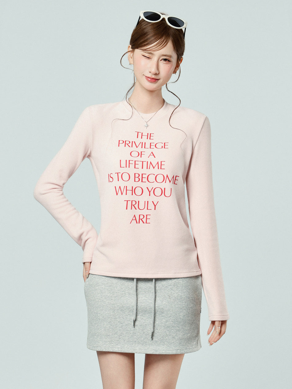 Pink Velvet Letter Print Women Winter Top