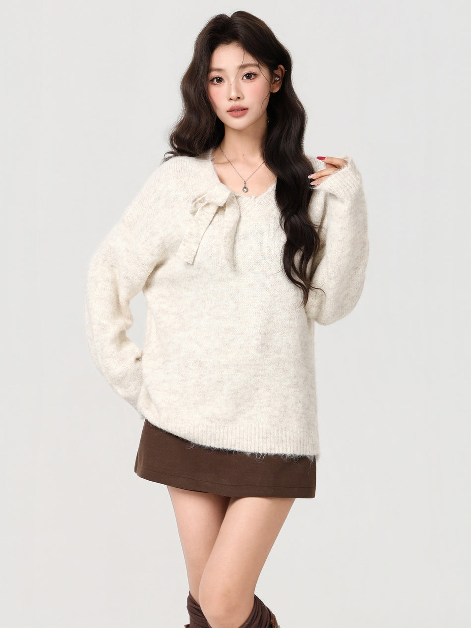 Bow Knot V Neck Sweater Women Winter Loose Pullover