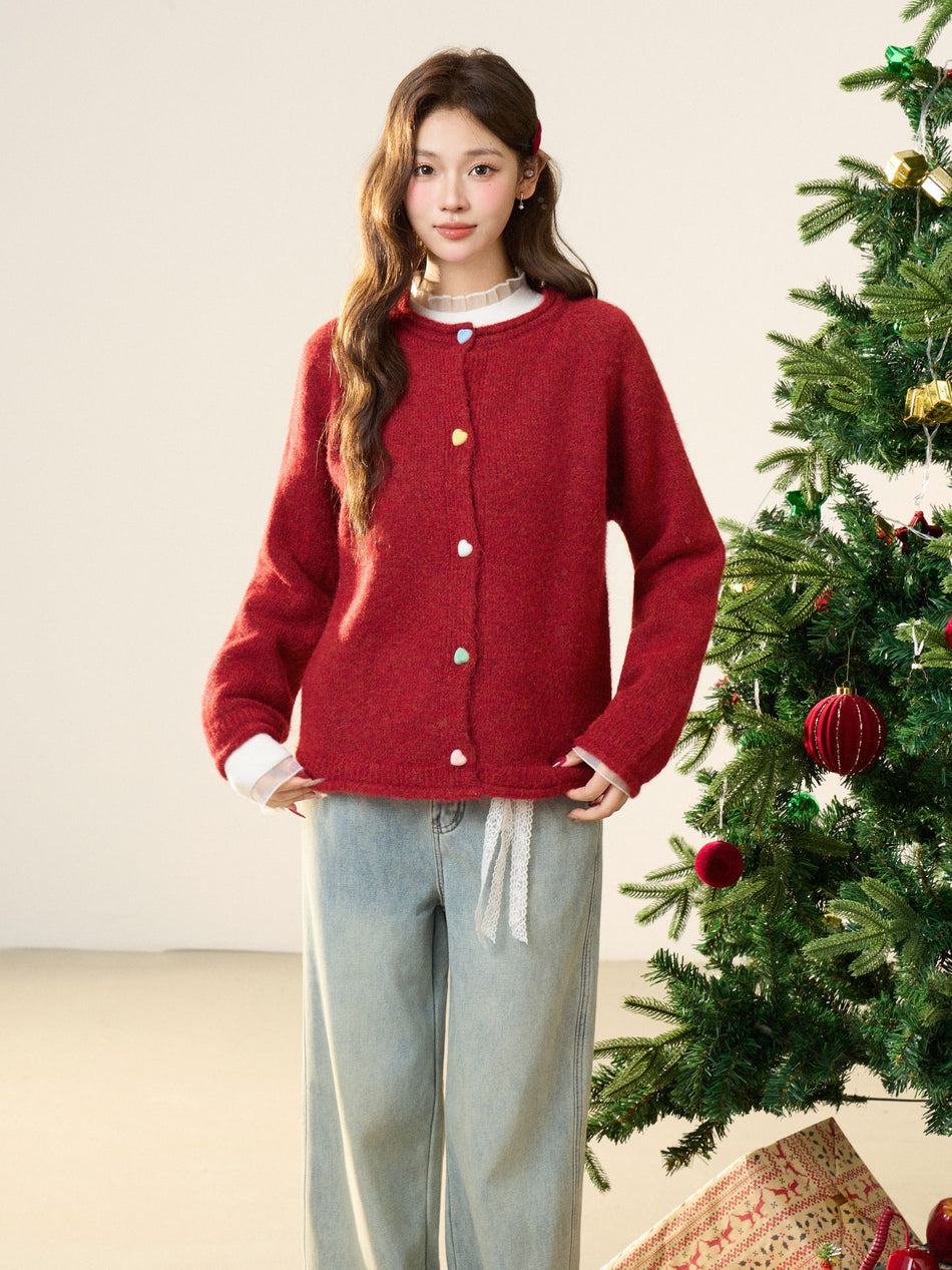 Red Heart Button Knit Sweater Jacket Women Winter