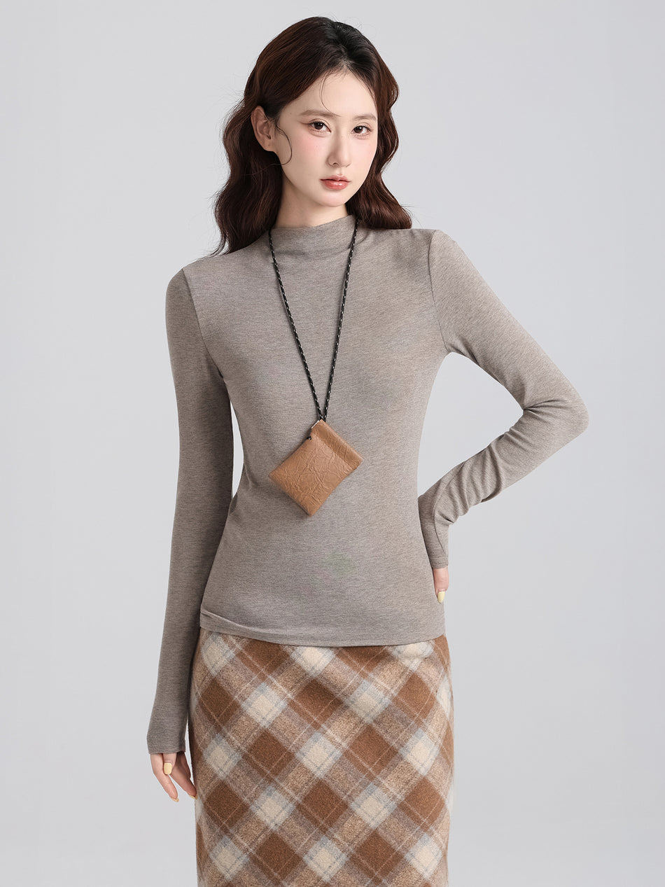 Solid Stand Collar Base Shirt Women Winter Slim Top