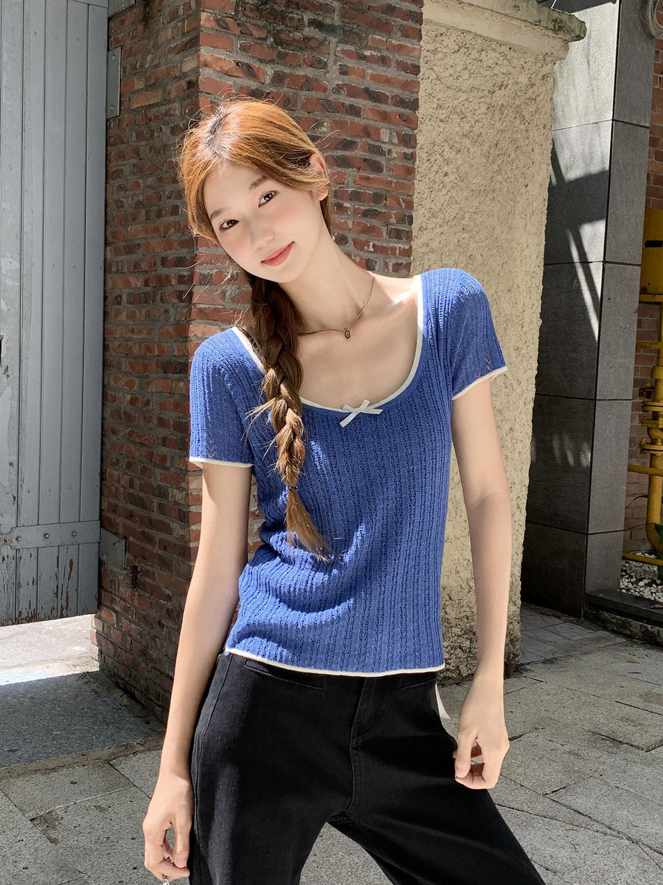 Blue Bow Shoulder Knit Top Women Summer 2026 Slim