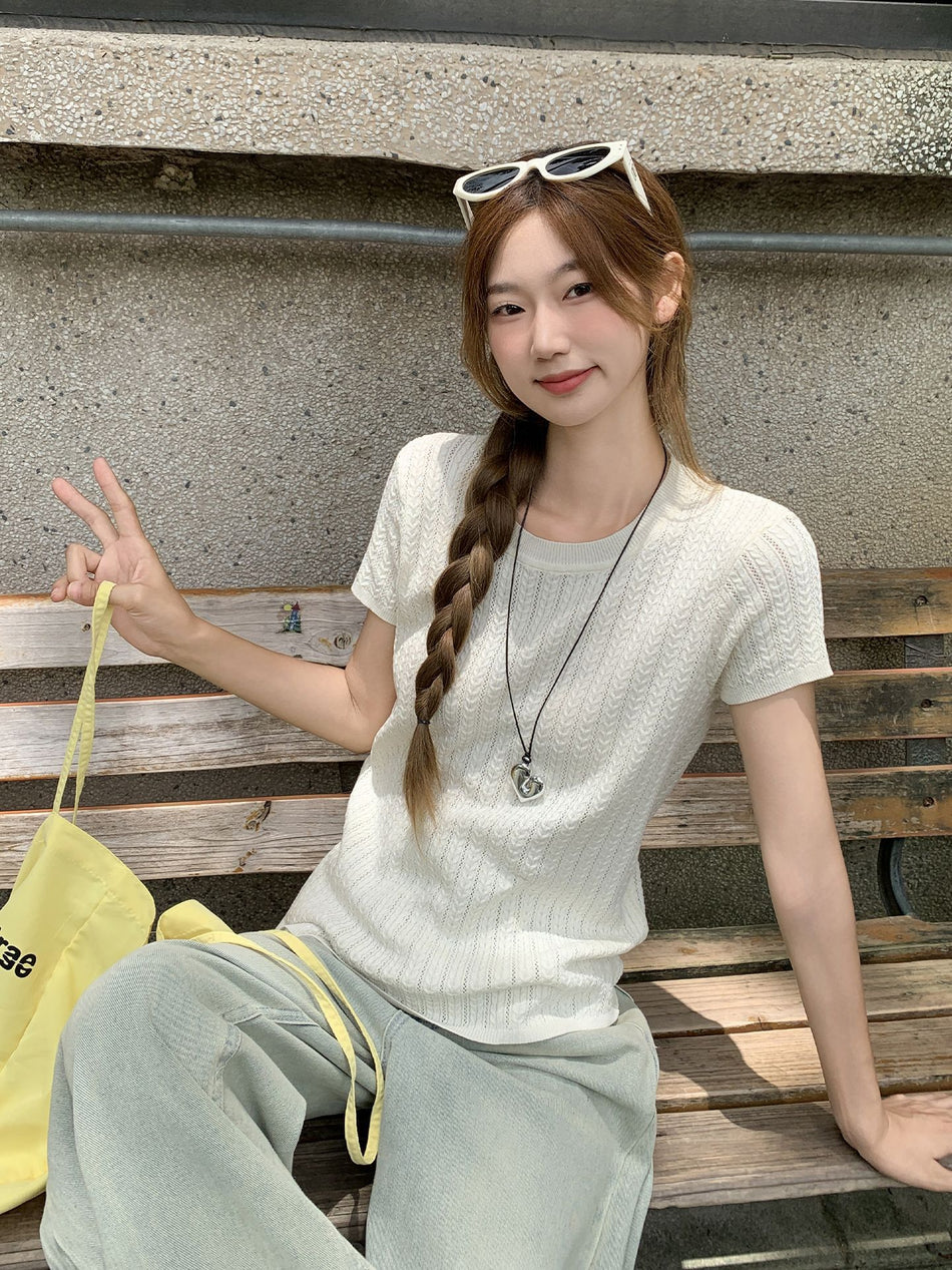 Apricot Knit Slim T-Shirt Women Summer 2026 Chic Top
