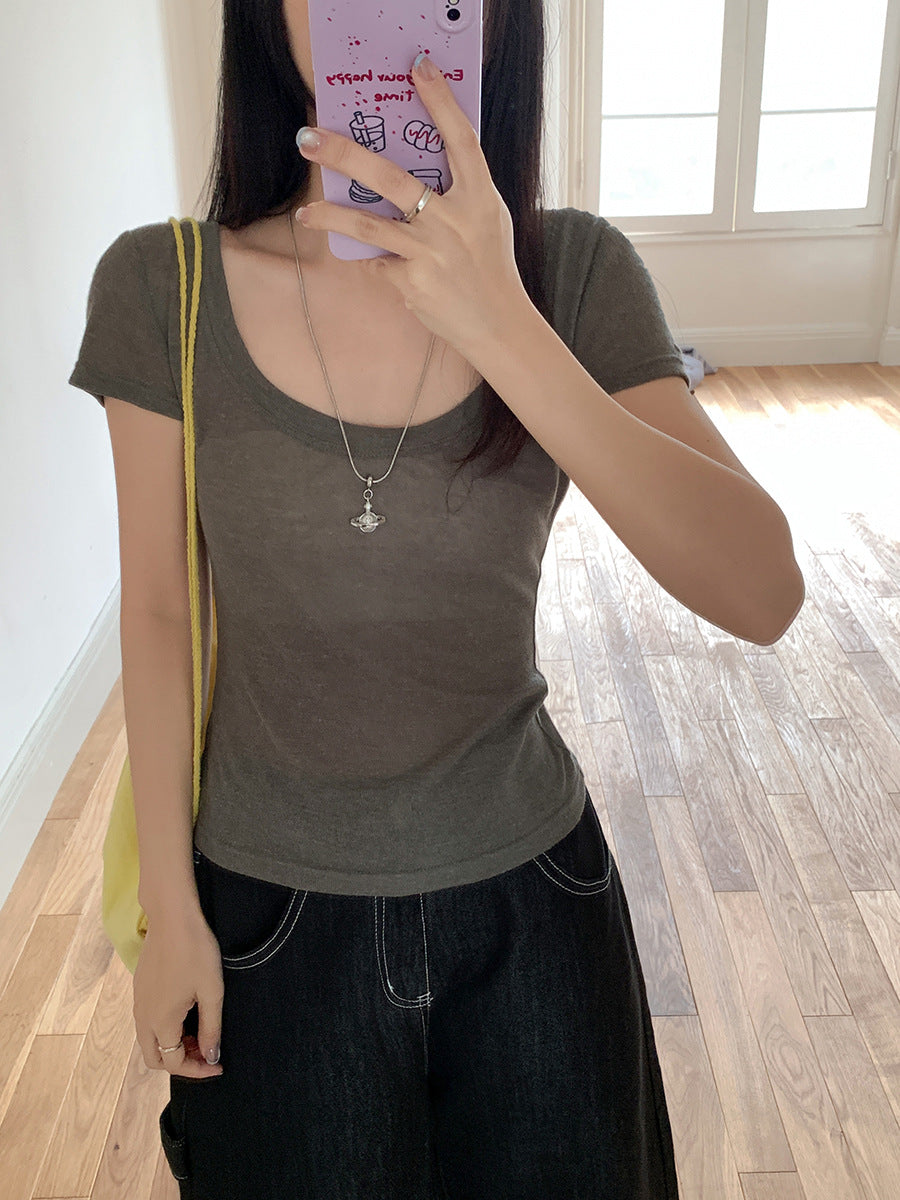 Grey U-Neck Slim Fit Women’s Summer T-Shirt